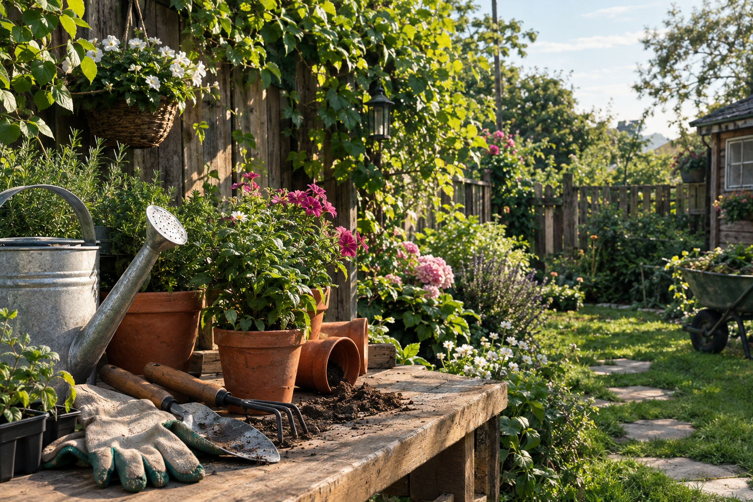 Potted flowers and leafy plants growing in a compact garden